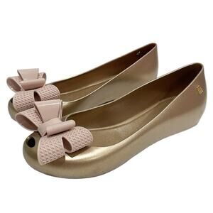 Melissa Womens Ultragirl Sweet XV Shoes Size 8 Gold Pink Bow Coquette Slip On